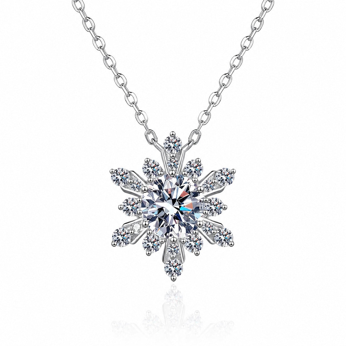 Snowflake Moissanite Pendant Necklace with CZ in Rhodium-Plated S925 sterling silver white background product photo showing snowflake pendant with a round moissanite center and CZ points