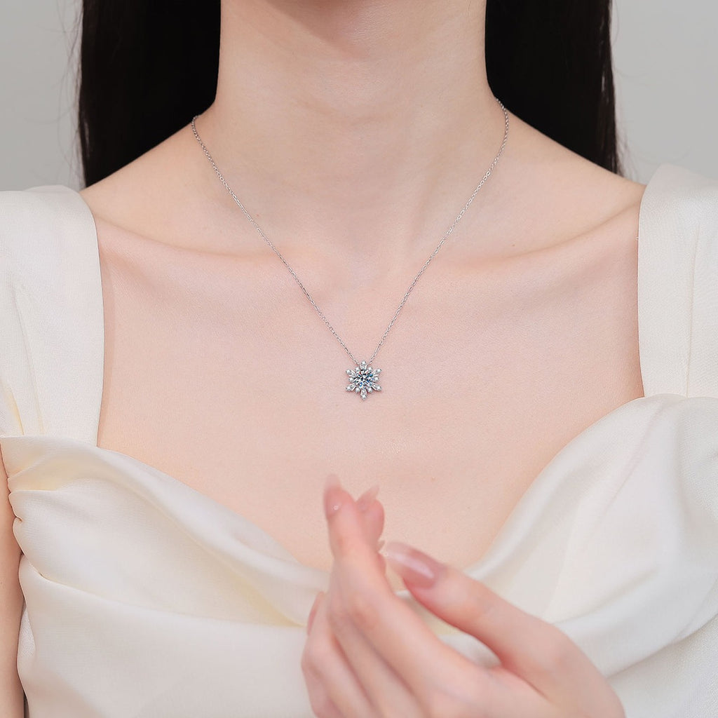 Snowflake Moissanite Pendant Necklace with CZ in Rhodium-Plated S925 sterling silver neckline model view showing pendant scale and adjustable chain