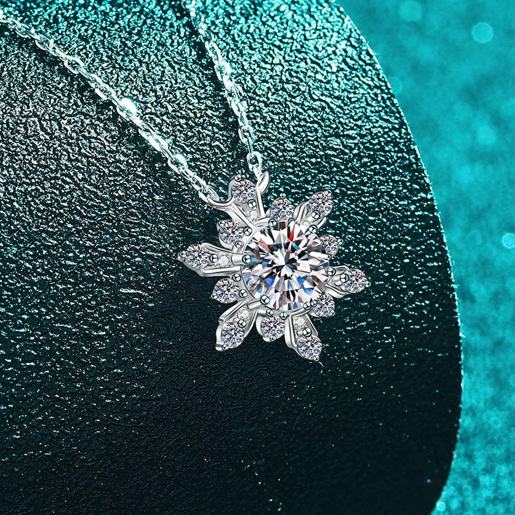 Snowflake Moissanite Pendant Necklace with CZ in Rhodium-Plated S925 sterling silver close-up product scene showing pendant setting