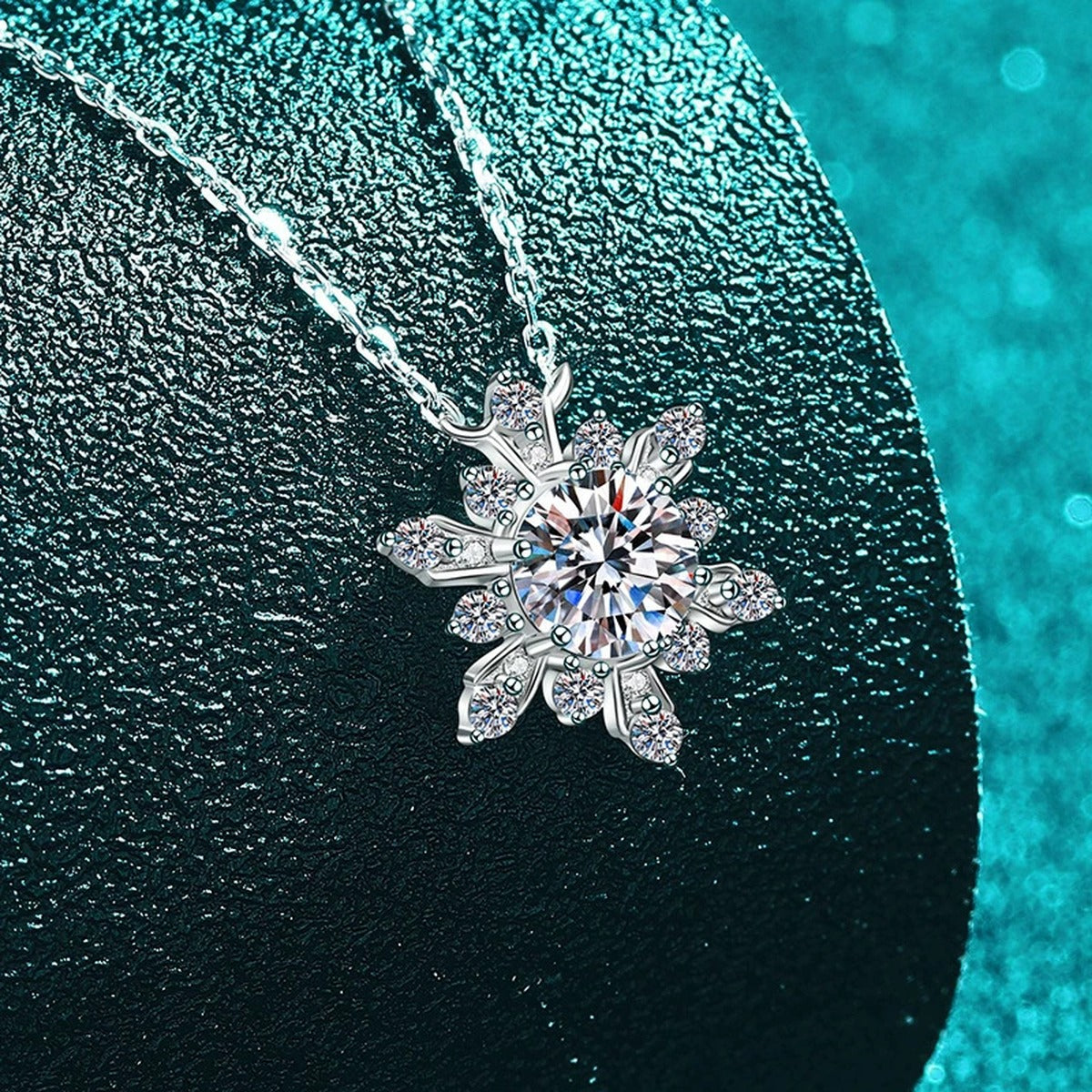 Snowflake Moissanite Pendant Necklace with CZ in Rhodium-Plated S925 sterling silver close-up product scene showing pendant setting