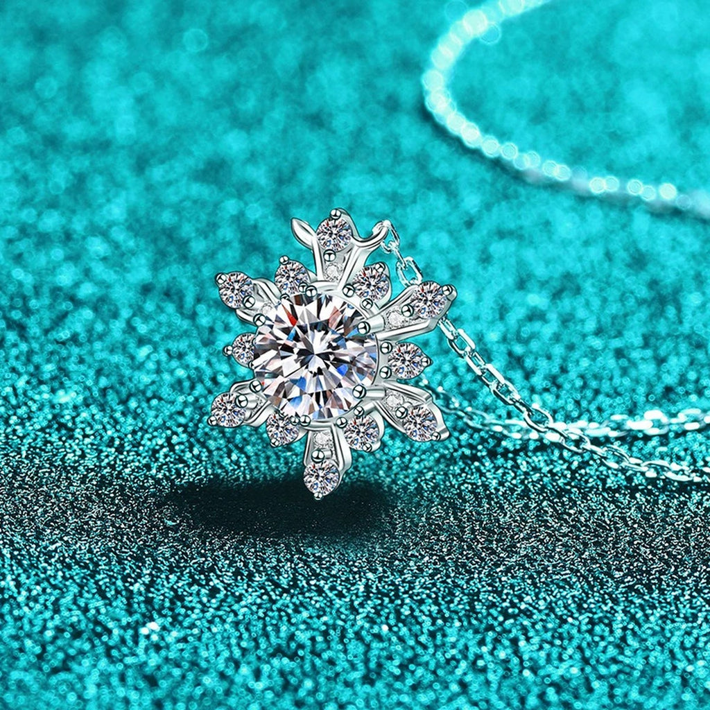 Snowflake Moissanite Pendant Necklace with CZ in Rhodium-Plated S925 sterling silver blue display scene showing chain and stone layout
