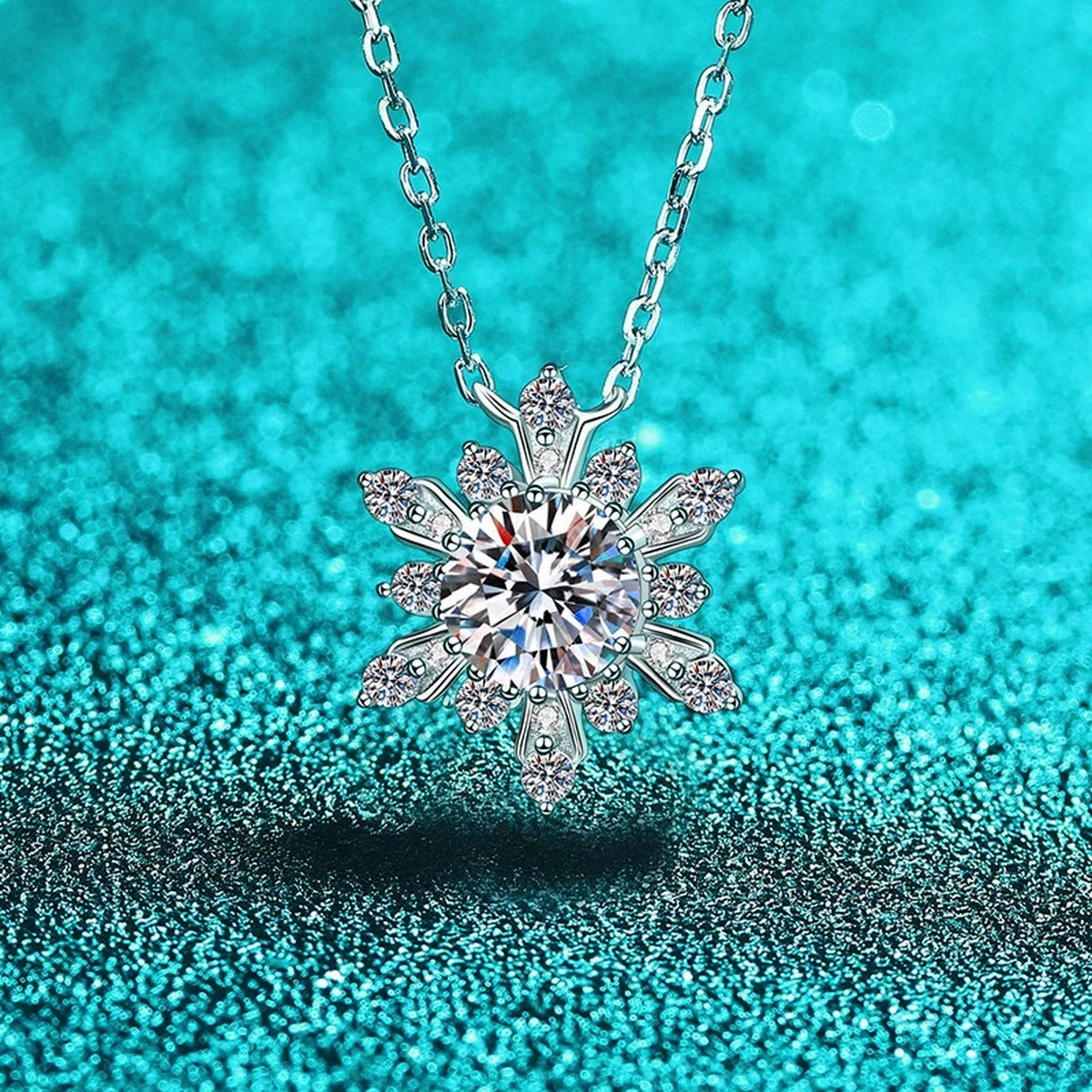 Snowflake Moissanite Pendant Necklace with CZ in Rhodium-Plated S925 sterling silver angled product detail view