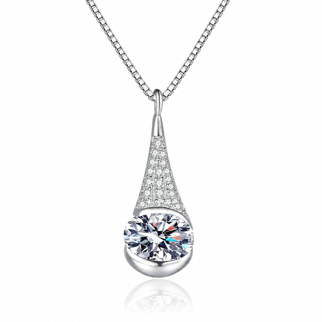 Oval Teardrop Moissanite Pendant Necklace with CZ in Rhodium-Plated S925 sterling silver white background product photo showing teardrop pendant with an oval moissanite center and CZ tapered frame