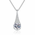 Oval Teardrop Moissanite Pendant Necklace with CZ in Rhodium-Plated S925 sterling silver white background product photo showing teardrop pendant with an oval moissanite center and CZ tapered frame