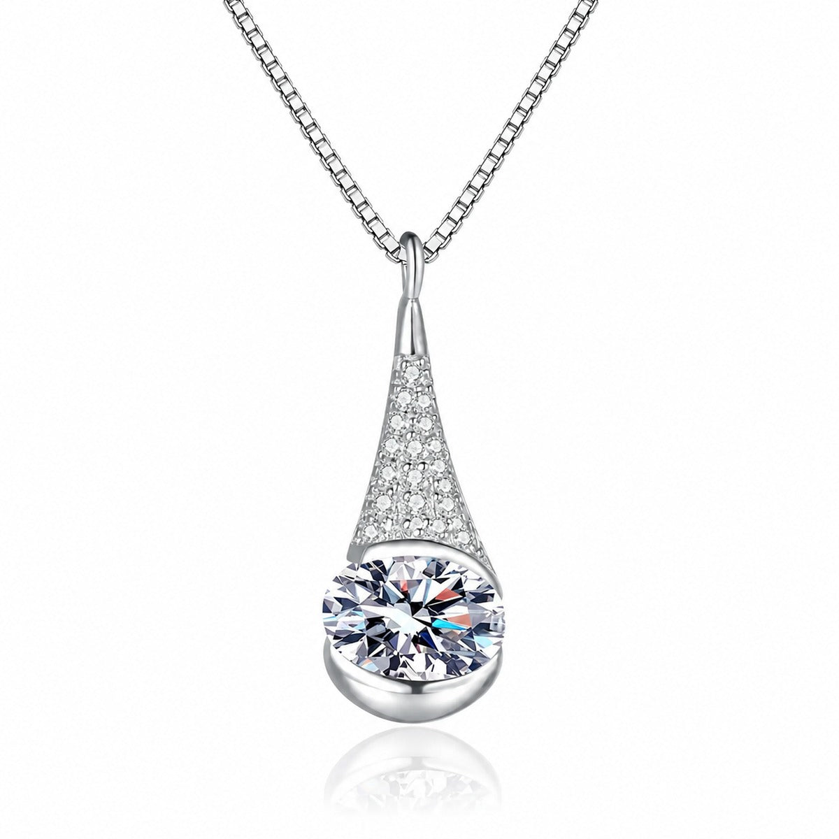 Oval Teardrop Moissanite Pendant Necklace with CZ in Rhodium-Plated S925 sterling silver white background product photo showing teardrop pendant with an oval moissanite center and CZ tapered frame