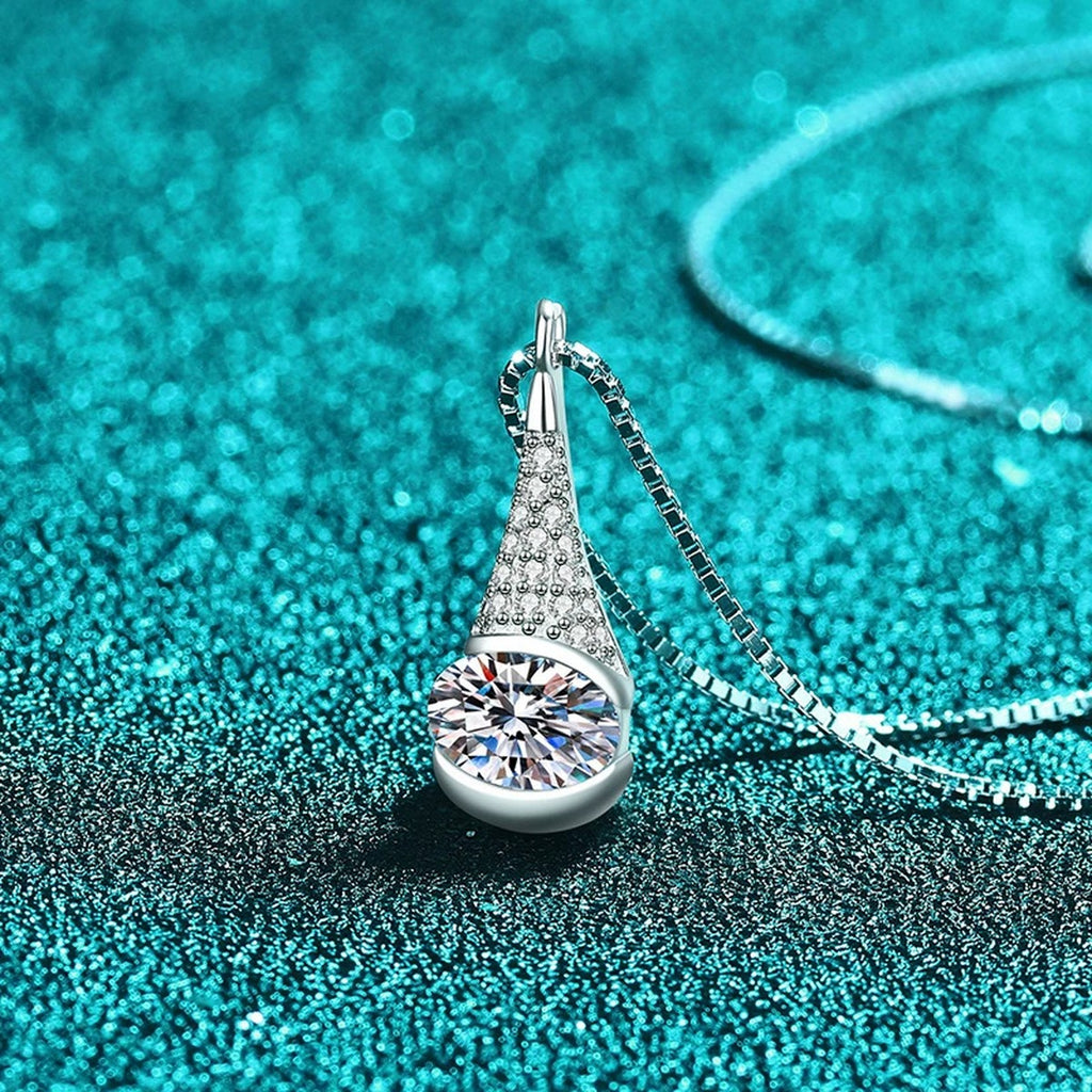 Oval Teardrop Moissanite Pendant Necklace with CZ in Rhodium-Plated S925 sterling silver close-up product scene showing pendant setting