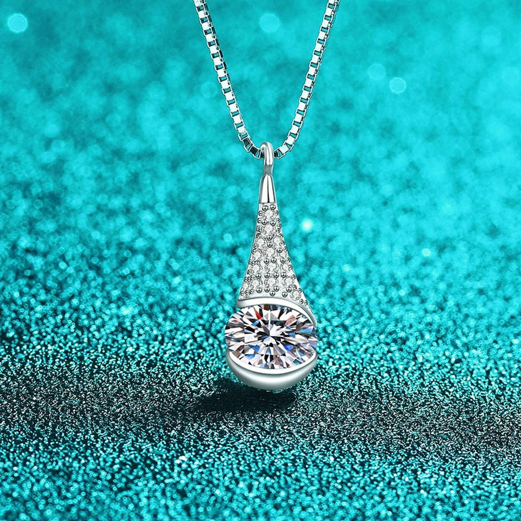 Oval Teardrop Moissanite Pendant Necklace with CZ in Rhodium-Plated S925 sterling silver blue display scene showing chain and stone layout