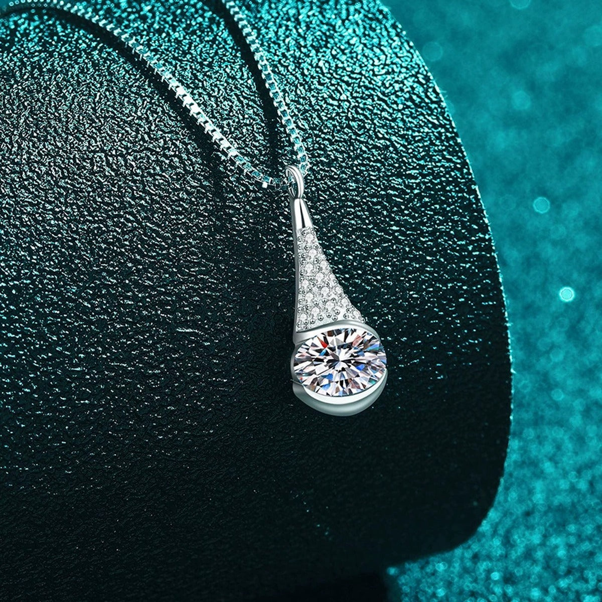 Oval Teardrop Moissanite Pendant Necklace with CZ in Rhodium-Plated S925 sterling silver angled product detail view