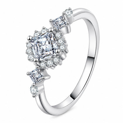 Princess Cut Moissanite Ring with CZ in rhodium-plated S925 sterling silver on clean white background