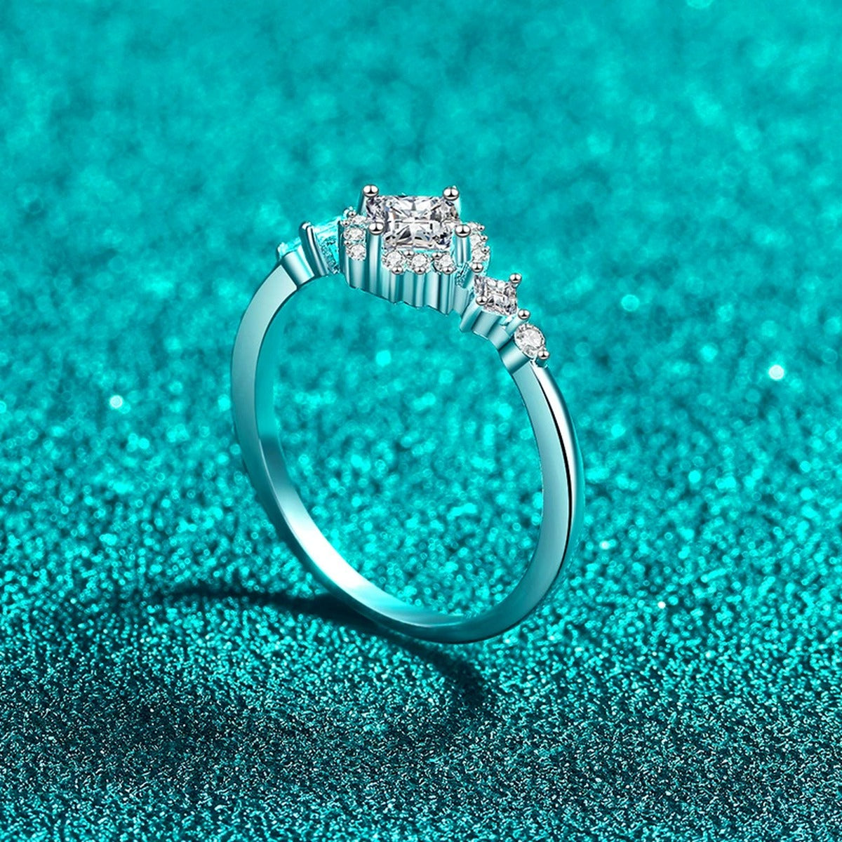 Princess Cut Moissanite Ring with CZ product view showing moissanite setting and metal finish