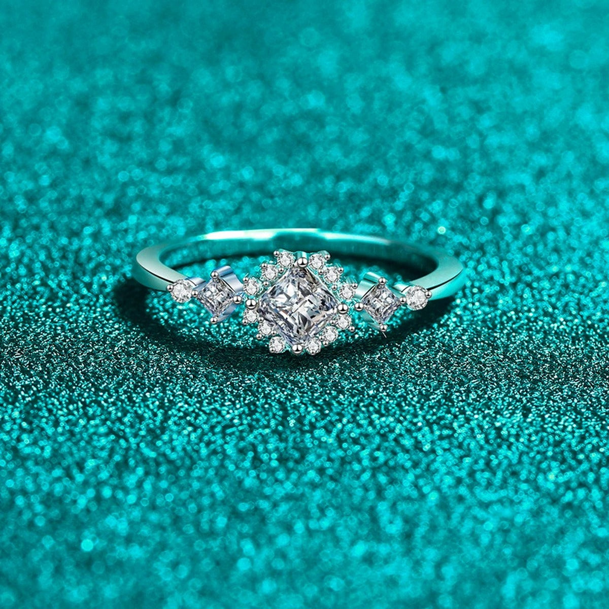 Princess Cut Moissanite Ring with CZ product view showing moissanite setting and metal finish