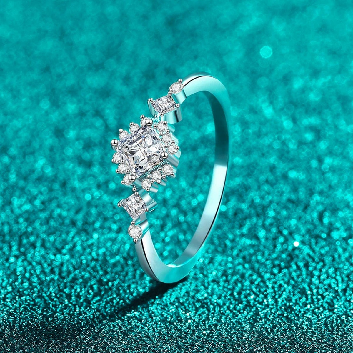 Princess Cut Moissanite Ring with CZ product view showing moissanite setting and metal finish