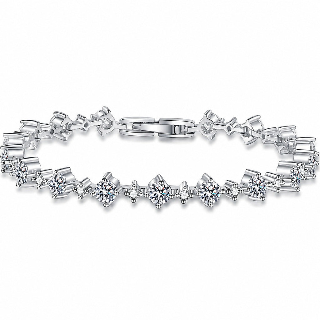 Mixed-Size Round Moissanite Tennis Bracelet in Rhodium-Plated S925 sterling silver white background product photo showing bracelet shape and moissanite setting