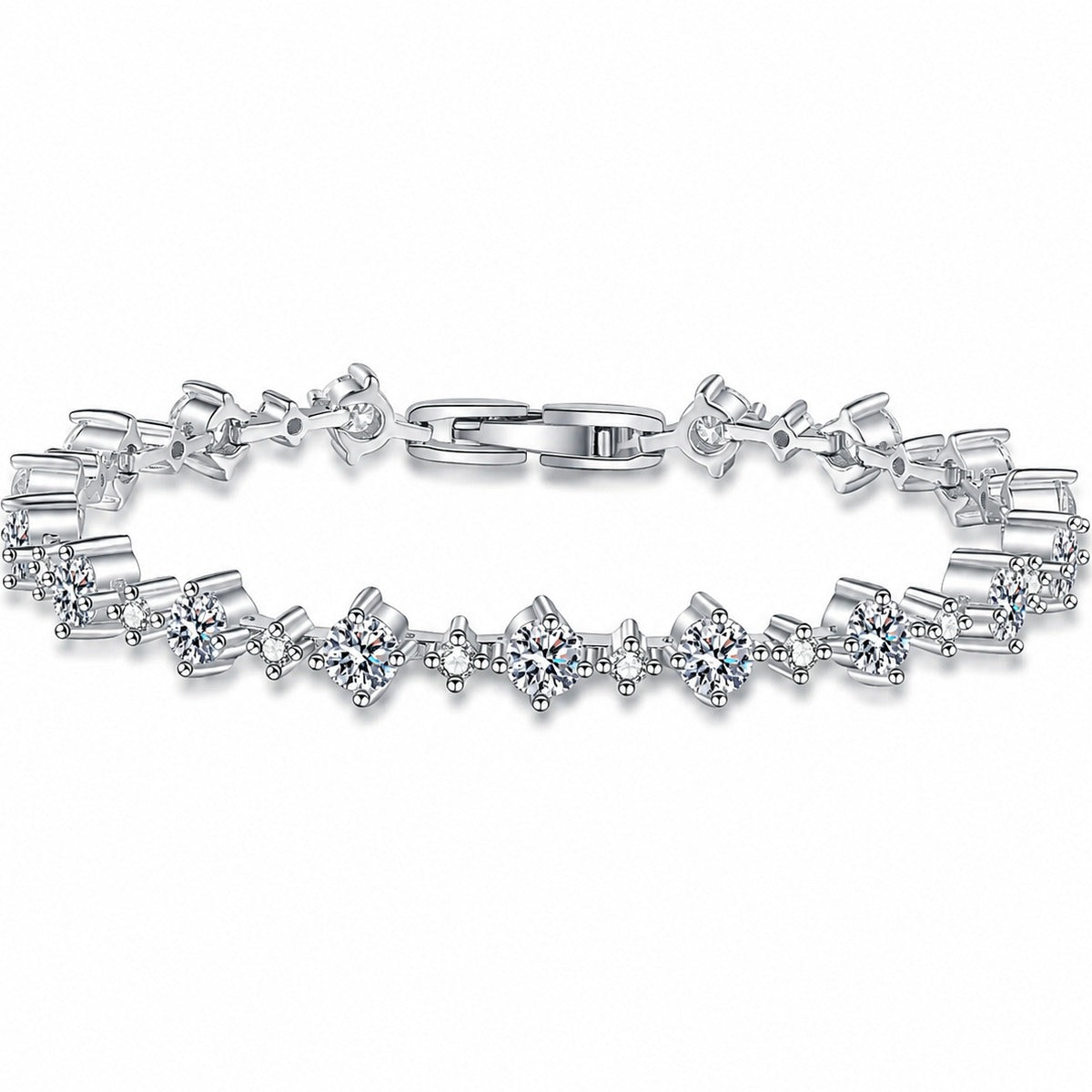 Mixed-Size Round Moissanite Tennis Bracelet in Rhodium-Plated S925 sterling silver white background product photo showing bracelet shape and moissanite setting