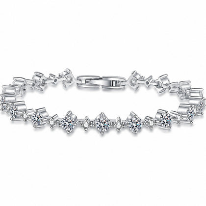 Mixed-Size Round Moissanite Tennis Bracelet in Rhodium-Plated S925 sterling silver white background product photo showing bracelet shape and moissanite setting