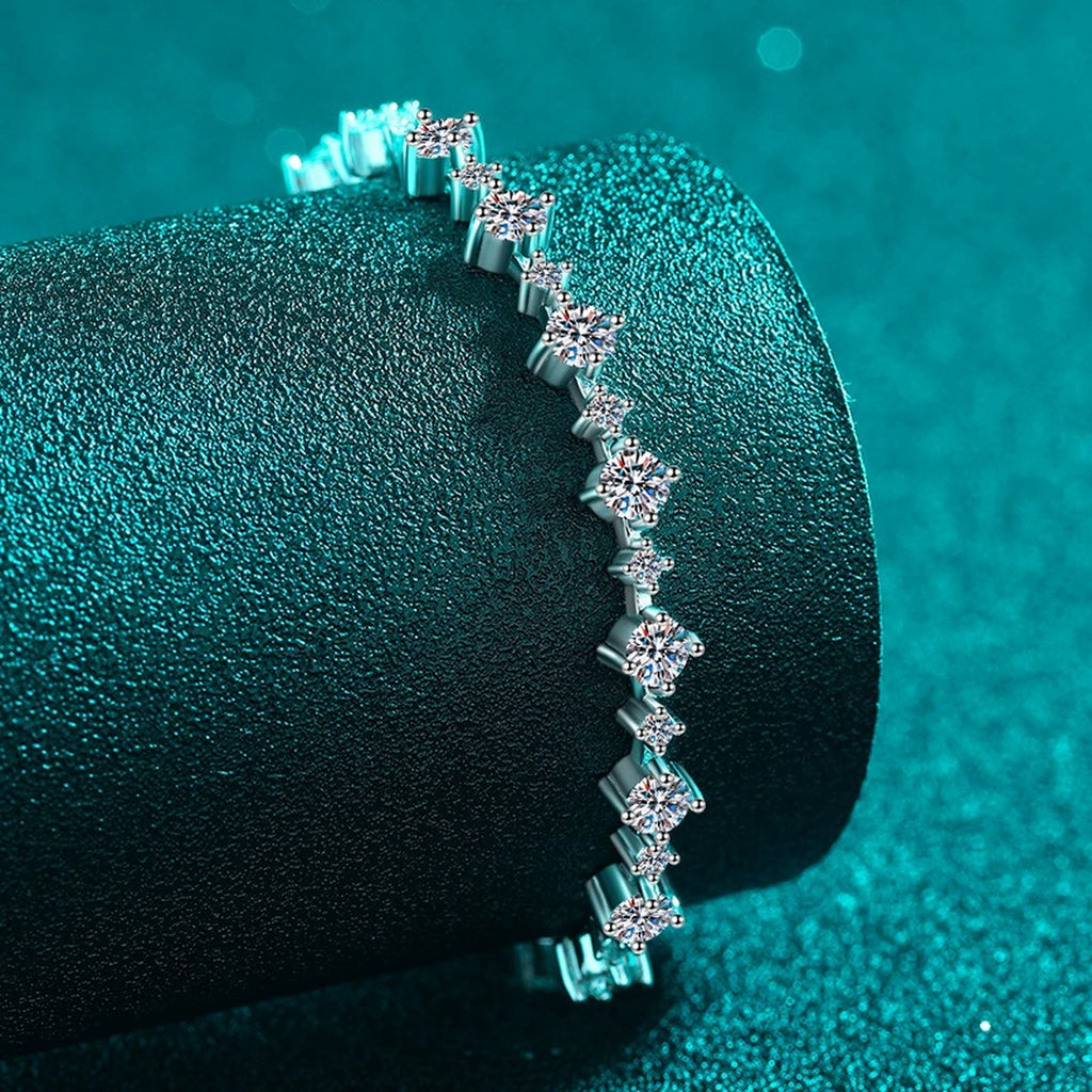 Mixed-Size Round Moissanite Tennis Bracelet in Rhodium-Plated S925 sterling silver close-up bracelet detail view showing clasp and motif