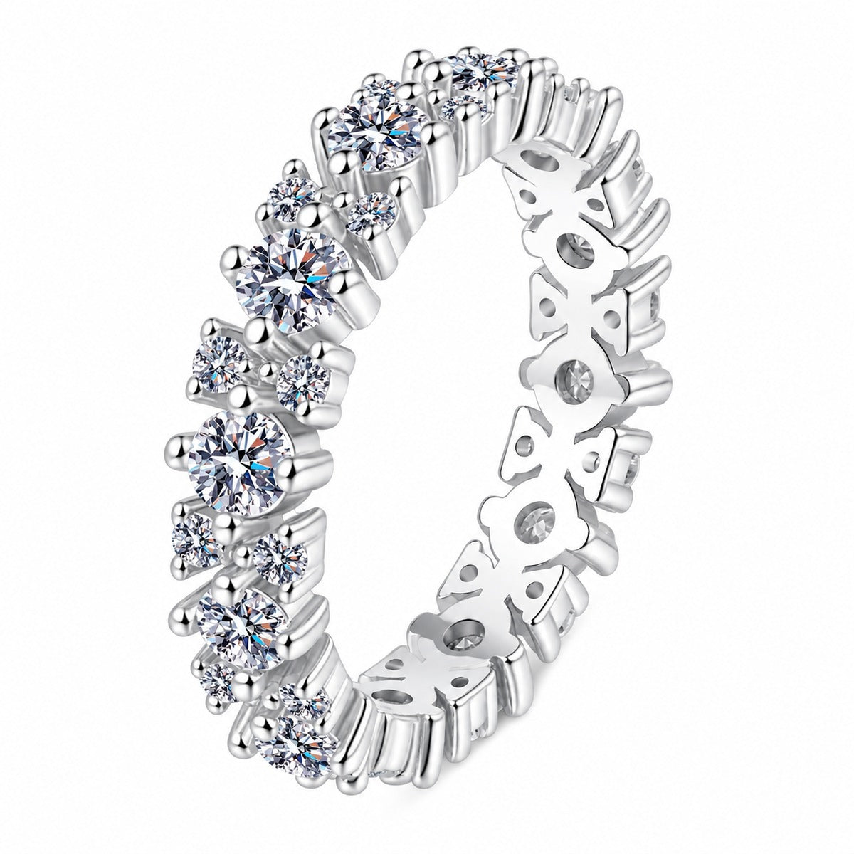 Round Moissanite Eternity Band Ring in rhodium-plated S925 sterling silver on clean white background