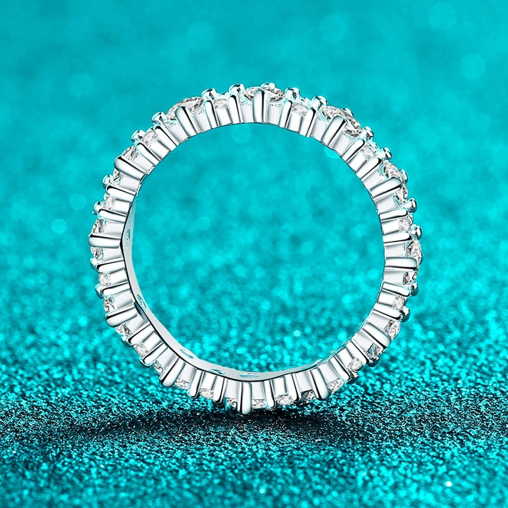 Round Moissanite Eternity Band Ring product view showing moissanite setting and metal finish