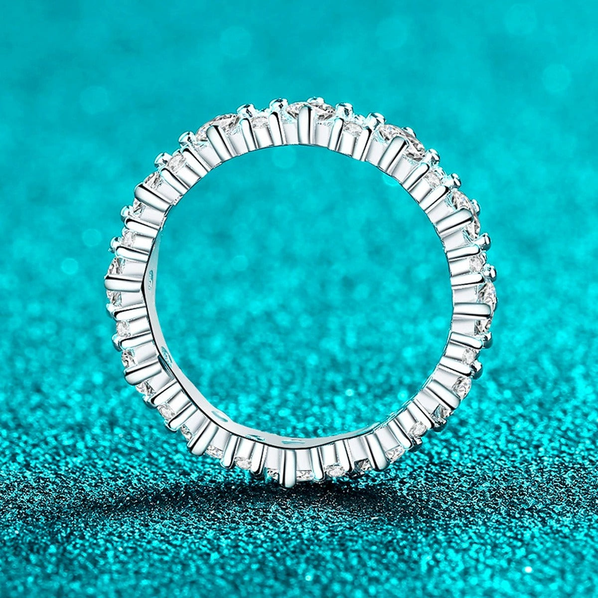 Round Moissanite Eternity Band Ring product view showing moissanite setting and metal finish