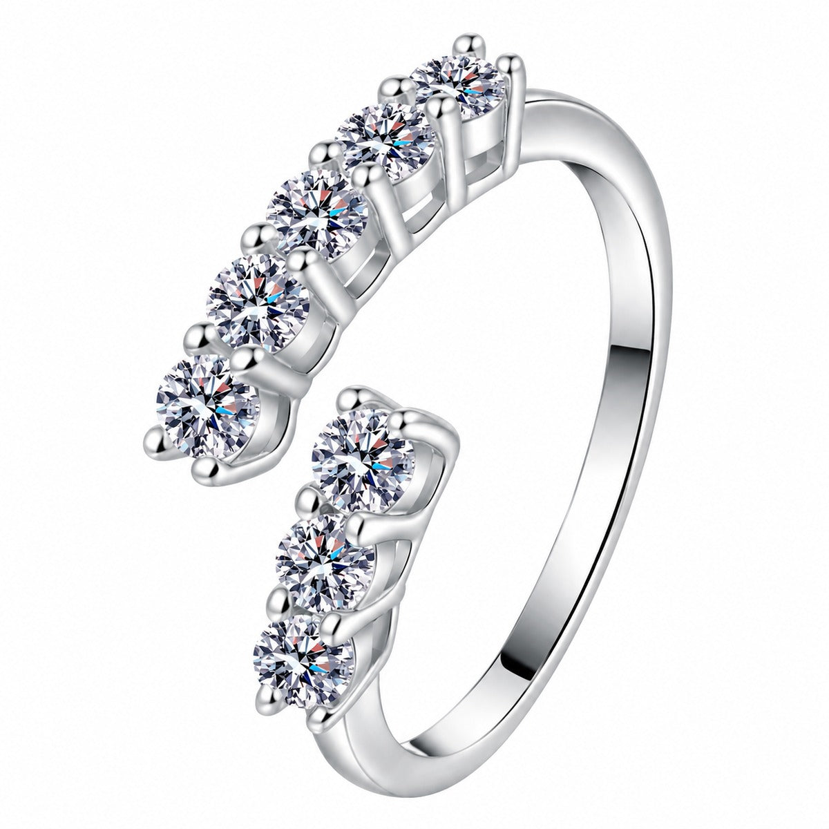 Round Moissanite Stackable Ring in rhodium-plated S925 sterling silver on clean white background