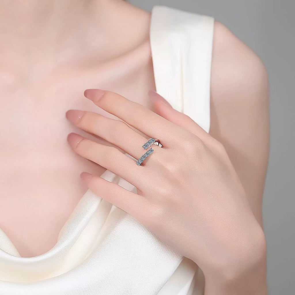 Round Moissanite Stackable Ring worn on hand to show scale, band width, and ring profile