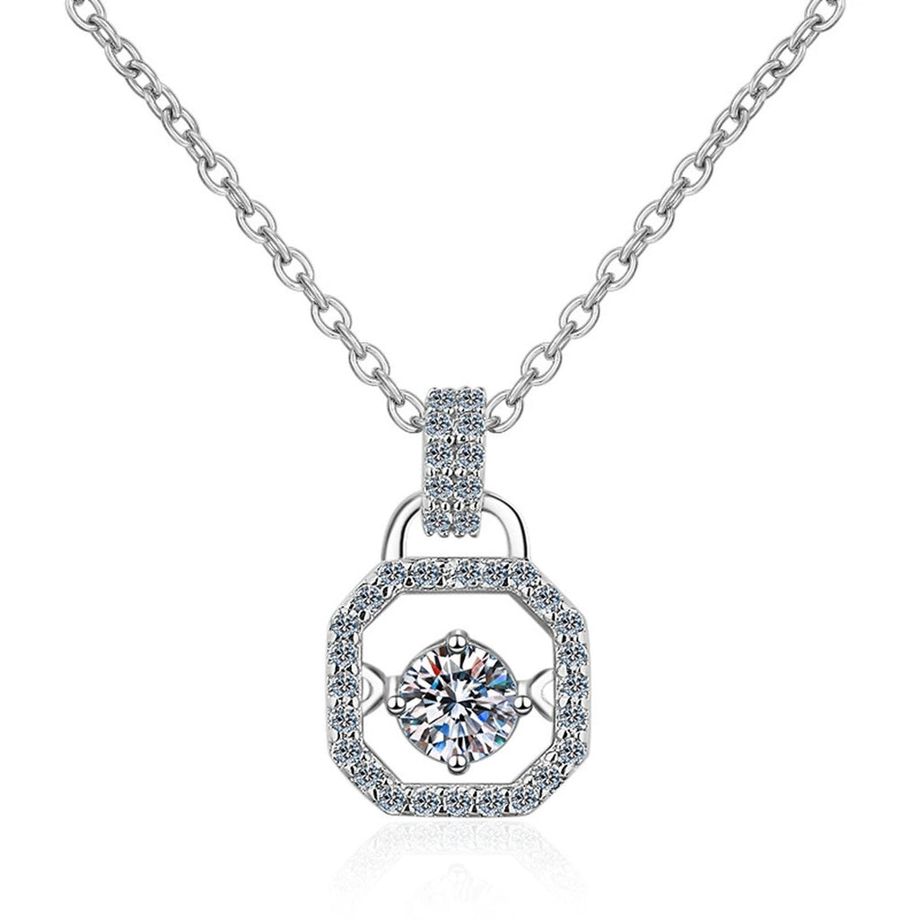 Square Lock Moissanite Pendant Necklace with CZ in Rhodium-Plated S925 sterling silver on white background showing pendant shape and round moissanite