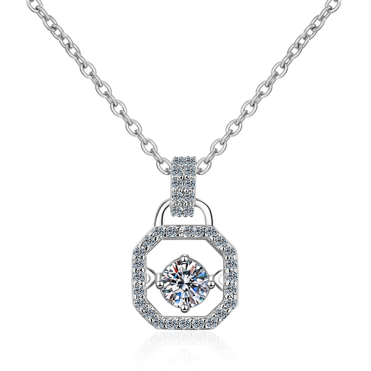 Square Lock Moissanite Pendant Necklace with CZ in Rhodium-Plated S925 sterling silver on white background showing pendant shape and round moissanite