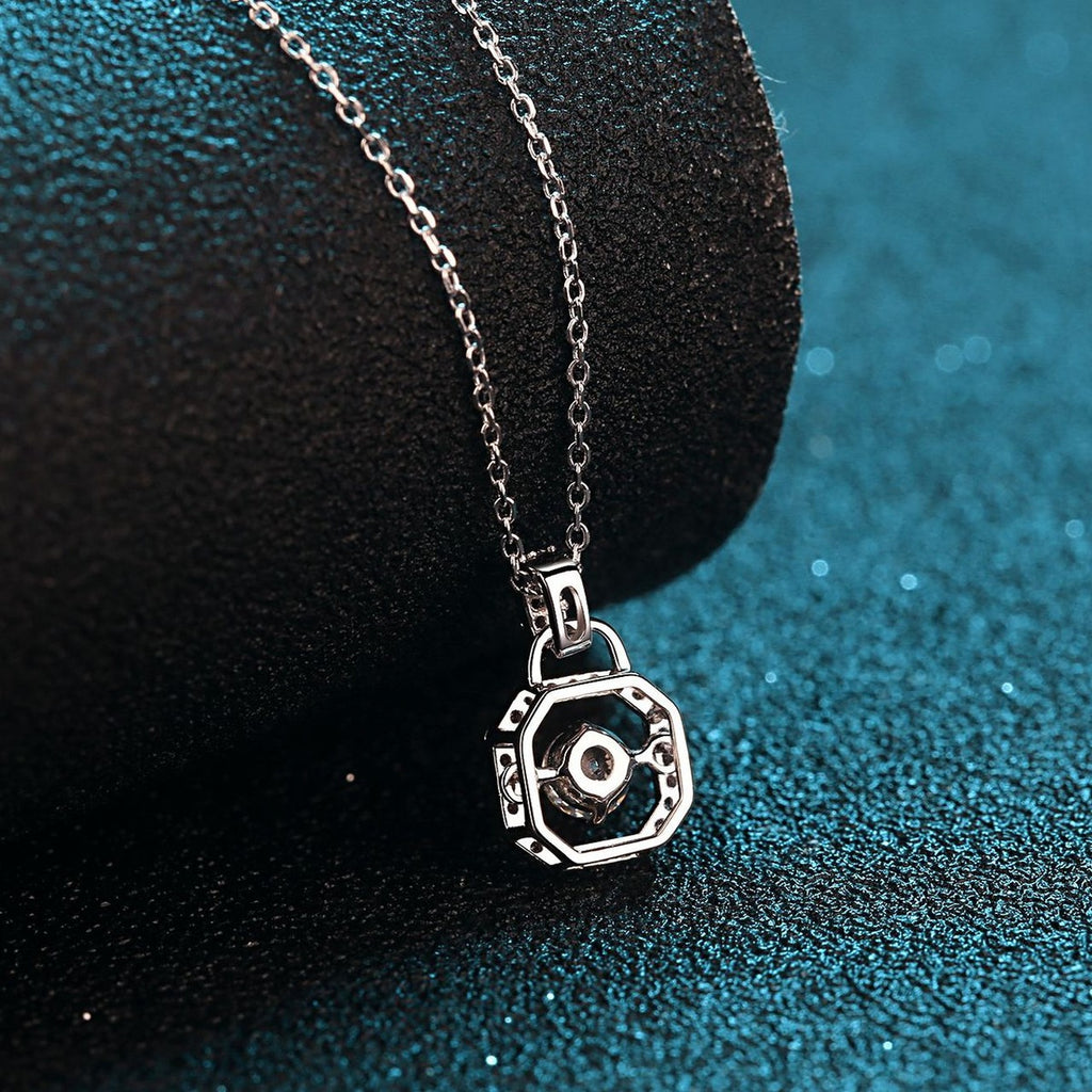 Square Lock Moissanite Pendant Necklace with CZ in Rhodium-Plated S925 sterling silver product scene view showing pendant detail