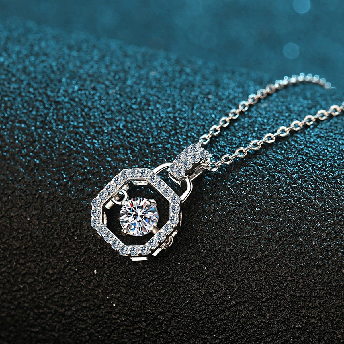 Square Lock Moissanite Pendant Necklace with CZ in Rhodium-Plated S925 sterling silver product scene view showing chain and setting detail