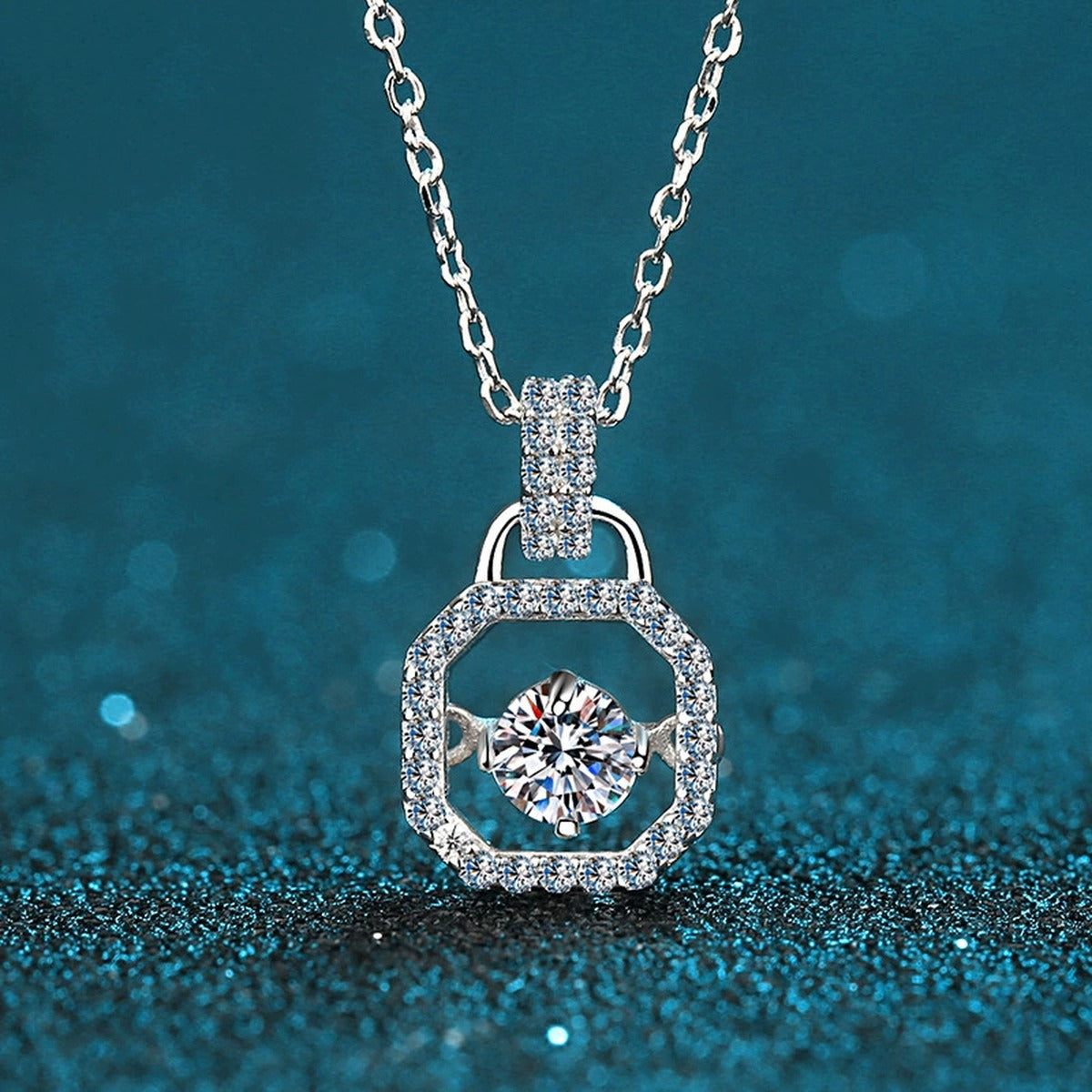 Square Lock Moissanite Pendant Necklace with CZ in Rhodium-Plated S925 sterling silver product scene view showing angled sparkle