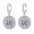Round Halo Moissanite Hoop Dangle Earrings with CZ in Rhodium-Plated S925 sterling silver white background product photo showing the pair, stone shape, and hoop dangle earrings silhouette