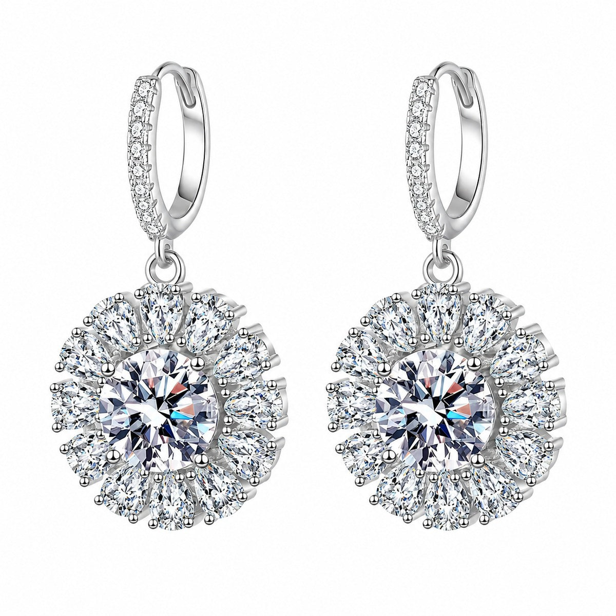 Round Halo Moissanite Hoop Dangle Earrings with CZ in Rhodium-Plated S925 sterling silver white background product photo showing the pair, stone shape, and hoop dangle earrings silhouette