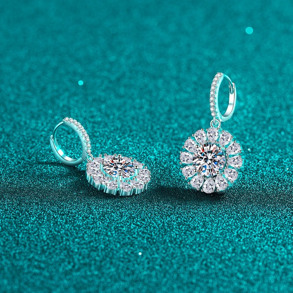 Round Halo Moissanite Hoop Dangle Earrings with CZ in Rhodium-Plated S925 sterling silver product scene view showing front sparkle