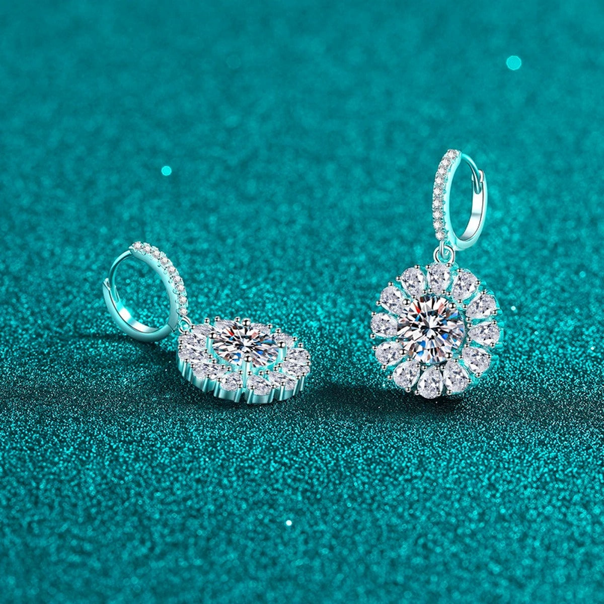 Round Halo Moissanite Hoop Dangle Earrings with CZ in Rhodium-Plated S925 sterling silver product scene view showing front sparkle
