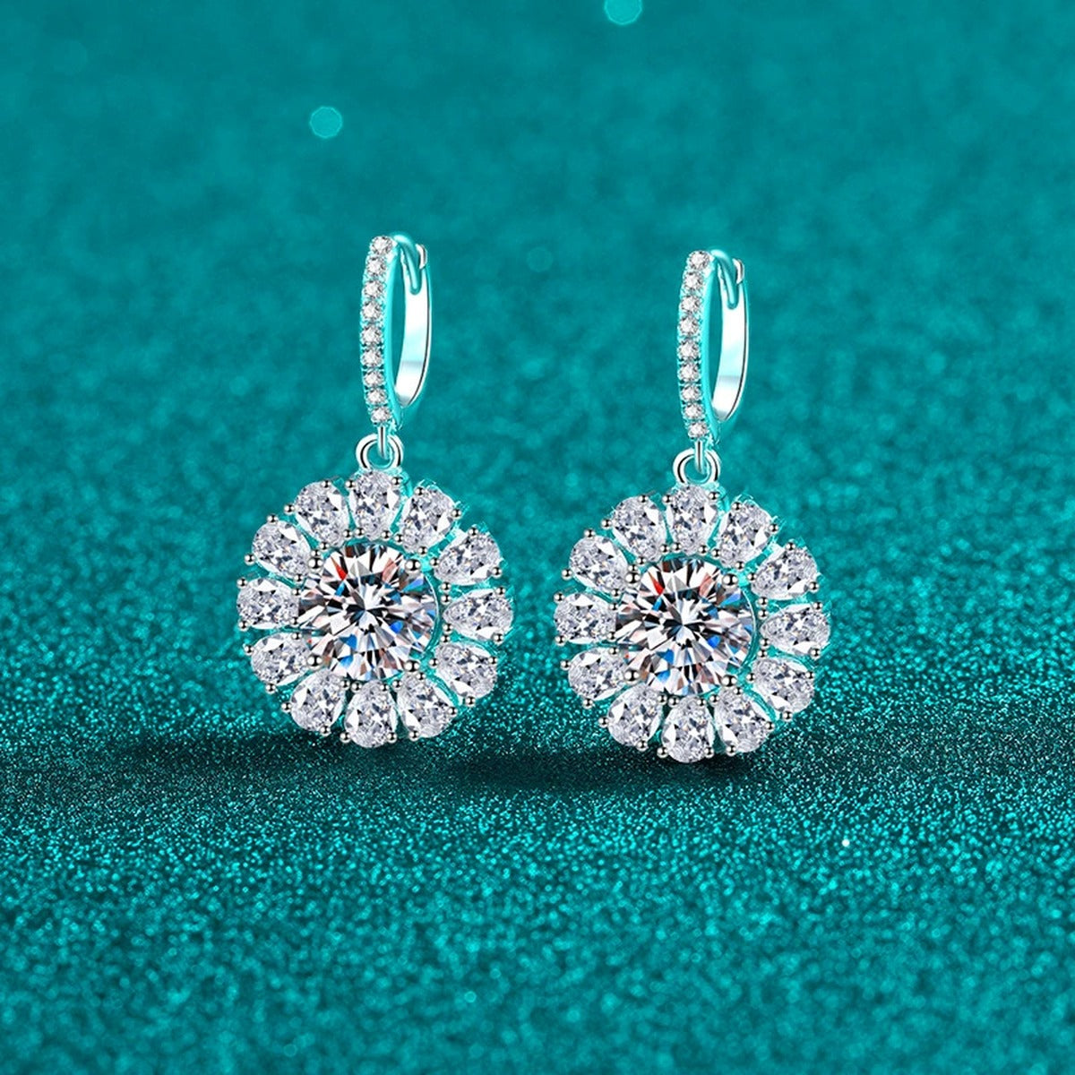 Round Halo Moissanite Hoop Dangle Earrings with CZ in Rhodium-Plated S925 sterling silver product scene view showing angled setting detail
