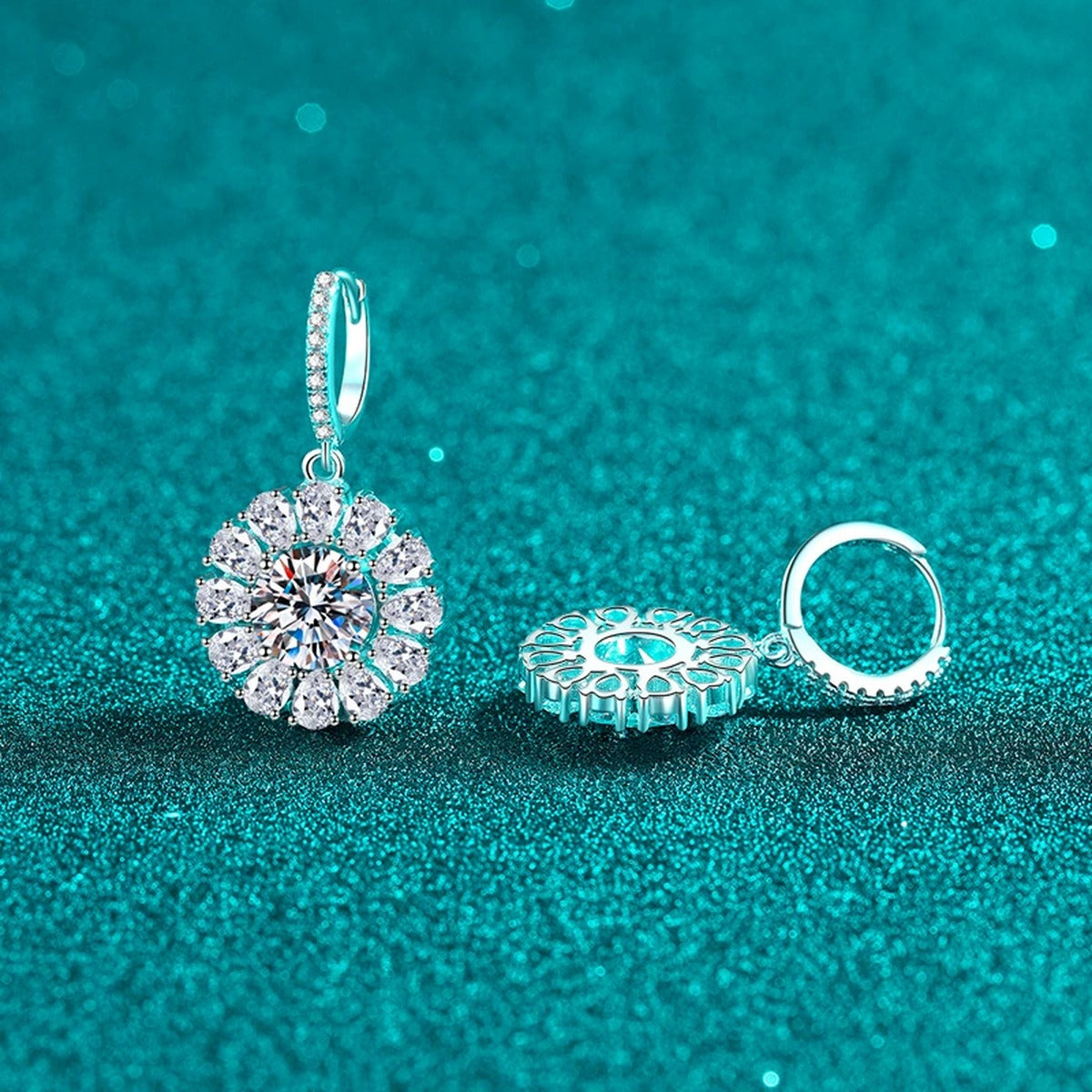 Round Halo Moissanite Hoop Dangle Earrings with CZ in Rhodium-Plated S925 sterling silver product scene view showing side profile