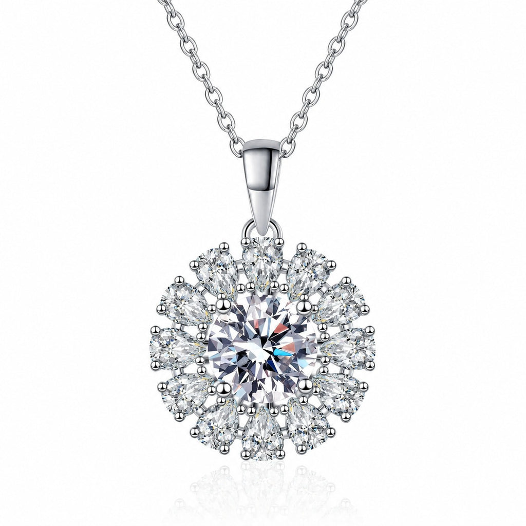 Round Sunburst Moissanite Pendant Necklace with CZ in Rhodium-Plated S925 sterling silver white background product photo showing round sunburst pendant with a large moissanite center and CZ halo