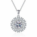 Round Sunburst Moissanite Pendant Necklace with CZ in Rhodium-Plated S925 sterling silver white background product photo showing round sunburst pendant with a large moissanite center and CZ halo