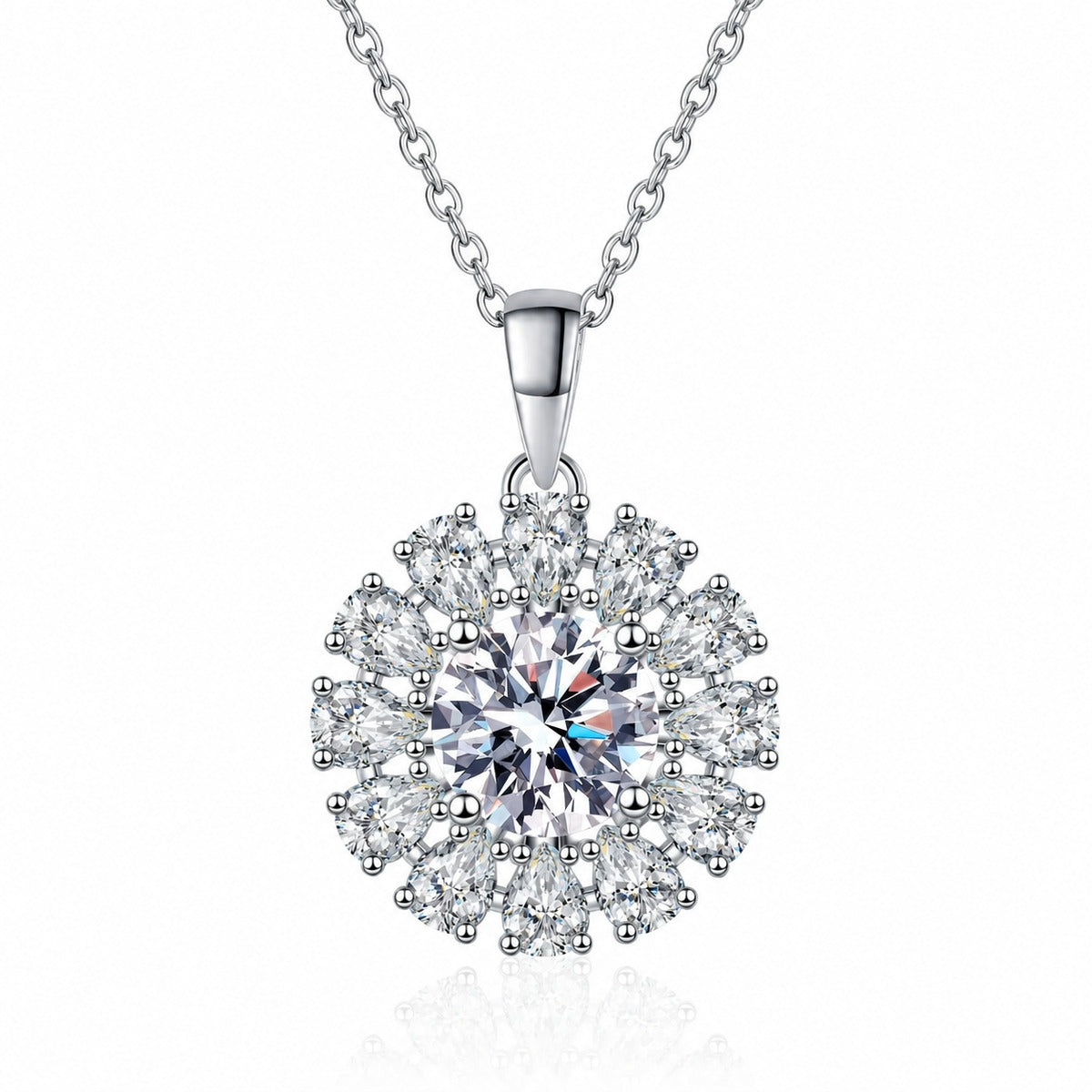 Round Sunburst Moissanite Pendant Necklace with CZ in Rhodium-Plated S925 sterling silver white background product photo showing round sunburst pendant with a large moissanite center and CZ halo