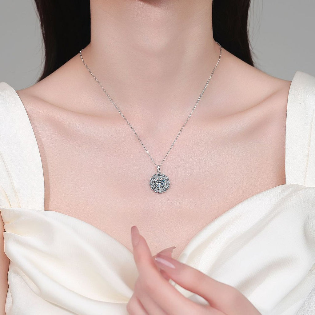 Round Sunburst Moissanite Pendant Necklace with CZ in Rhodium-Plated S925 sterling silver neckline model view showing pendant scale and adjustable chain