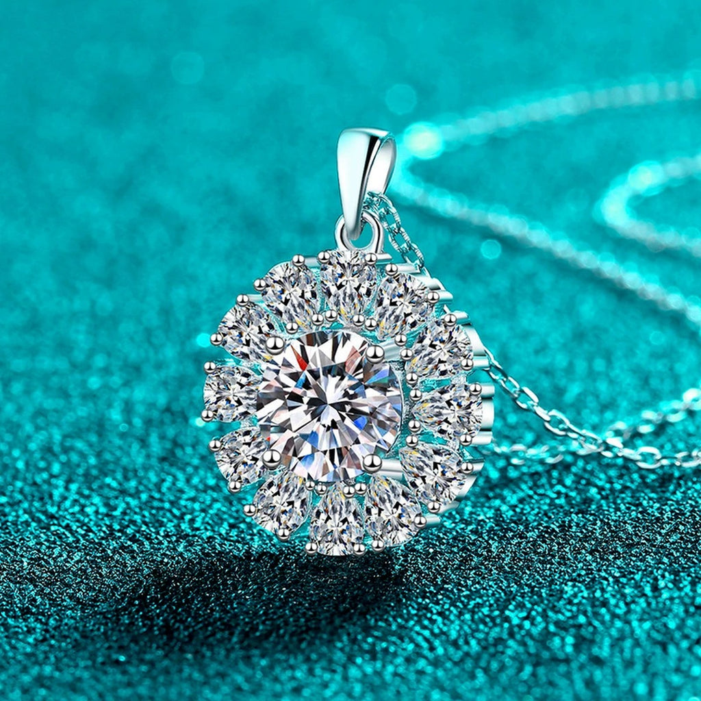 Round Sunburst Moissanite Pendant Necklace with CZ in Rhodium-Plated S925 sterling silver close-up product scene showing pendant setting