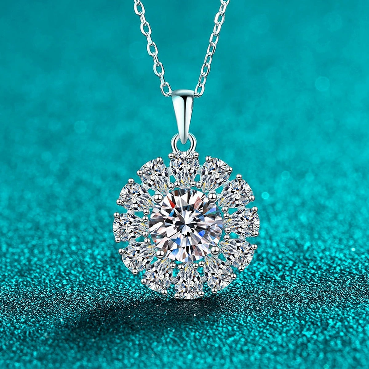 Round Sunburst Moissanite Pendant Necklace with CZ in Rhodium-Plated S925 sterling silver angled product detail view