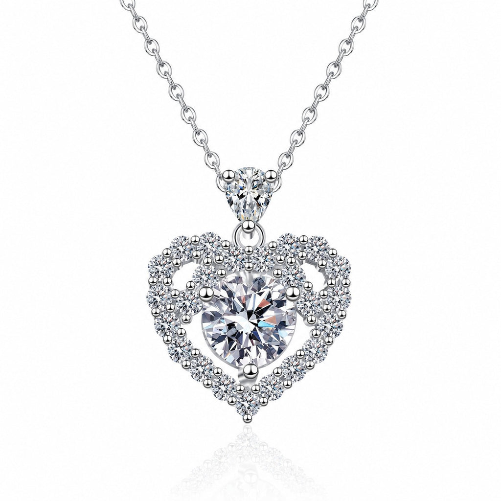 Heart Halo Moissanite Pendant Necklace with CZ in Rhodium-Plated S925 sterling silver white background product photo showing open heart halo pendant with a round moissanite center and CZ accents