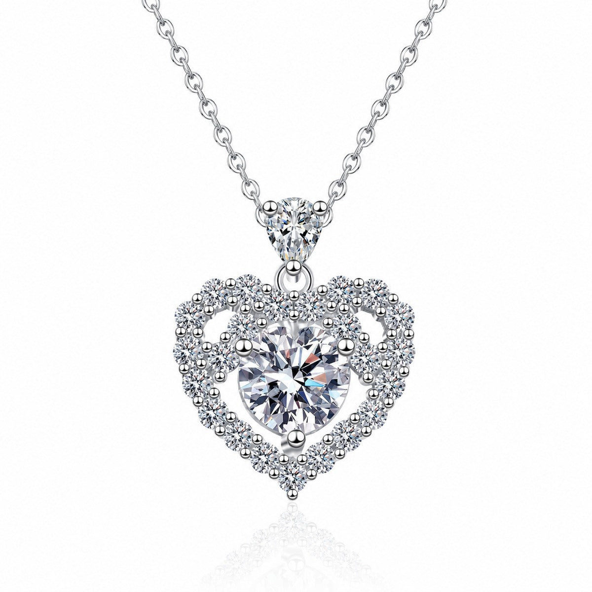 Heart Halo Moissanite Pendant Necklace with CZ in Rhodium-Plated S925 sterling silver white background product photo showing open heart halo pendant with a round moissanite center and CZ accents