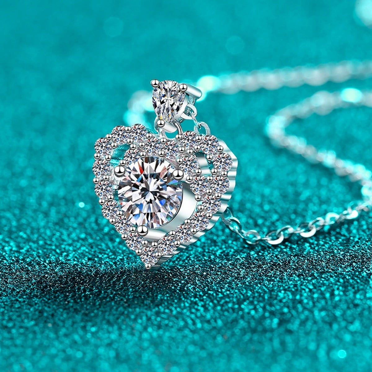 Heart Halo Moissanite Pendant Necklace with CZ in Rhodium-Plated S925 sterling silver close-up product scene showing pendant setting