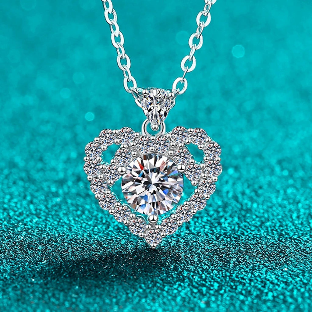 Heart Halo Moissanite Pendant Necklace with CZ in Rhodium-Plated S925 sterling silver blue display scene showing chain and stone layout