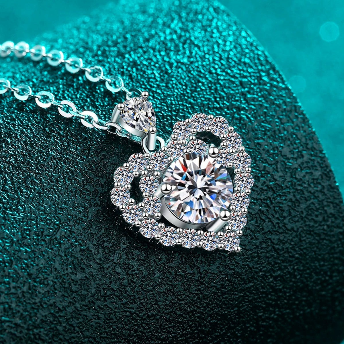 Heart Halo Moissanite Pendant Necklace with CZ in Rhodium-Plated S925 sterling silver angled product detail view