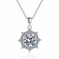 Sunburst Round Moissanite Pendant Necklace with CZ in Rhodium-Plated S925 sterling silver white background product photo showing sunburst pendant with a round moissanite center and CZ rays