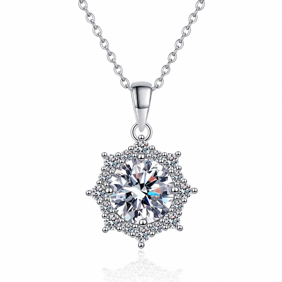 Sunburst Round Moissanite Pendant Necklace with CZ in Rhodium-Plated S925 sterling silver white background product photo showing sunburst pendant with a round moissanite center and CZ rays