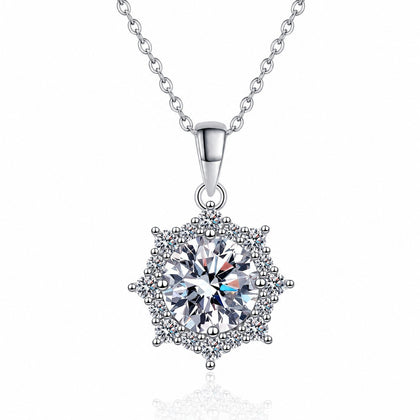 Sunburst Round Moissanite Pendant Necklace with CZ in Rhodium-Plated S925 sterling silver white background product photo showing sunburst pendant with a round moissanite center and CZ rays